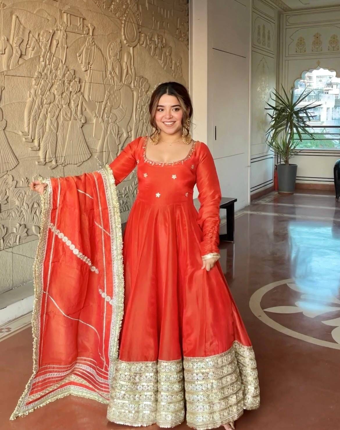 Rust Orange color Gold Zari and Sequence and Embroidery work Party Wear Designer Anarkali Gown