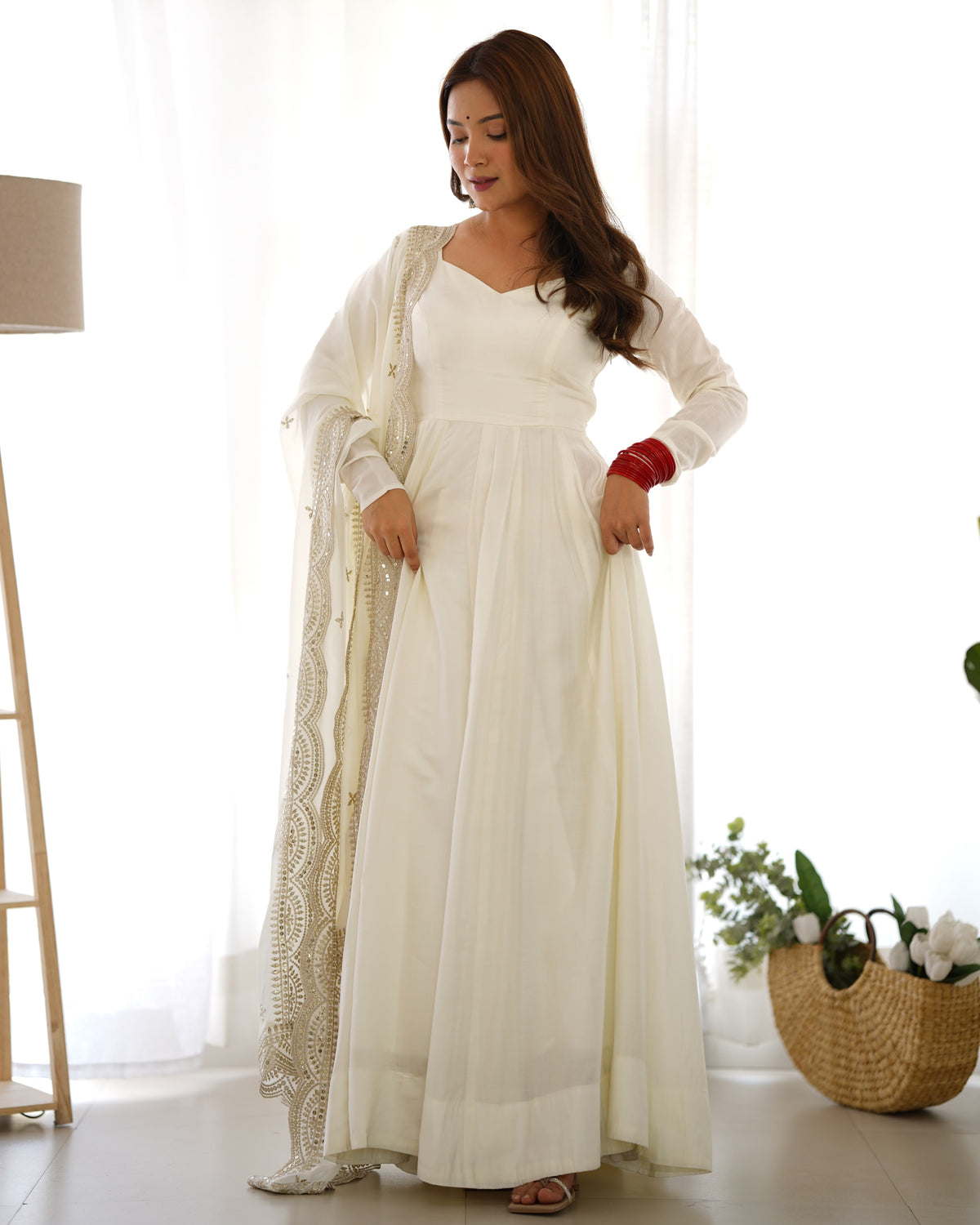 Off-White Roman Silk Anarkali Gown Pant and Dupatta