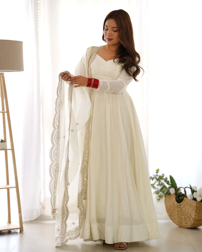 Off-White Roman Silk Anarkali Gown Pant and Dupatta