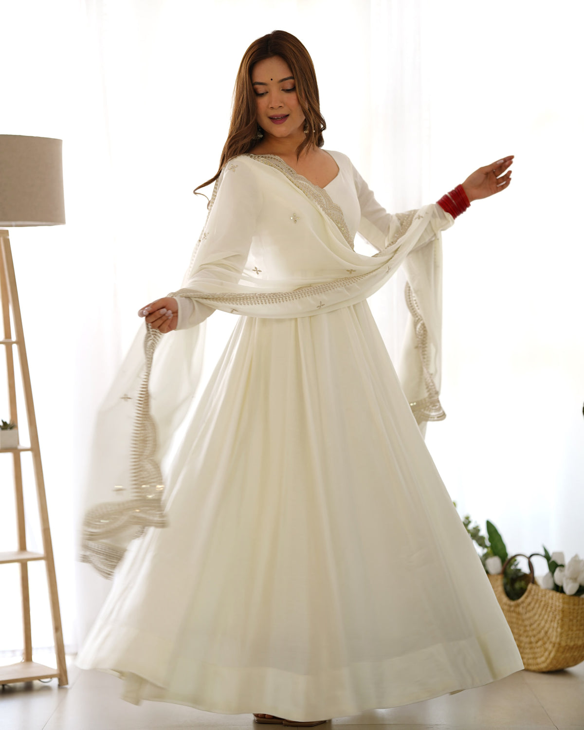 Off-White Roman Silk Anarkali Gown Pant and Dupatta
