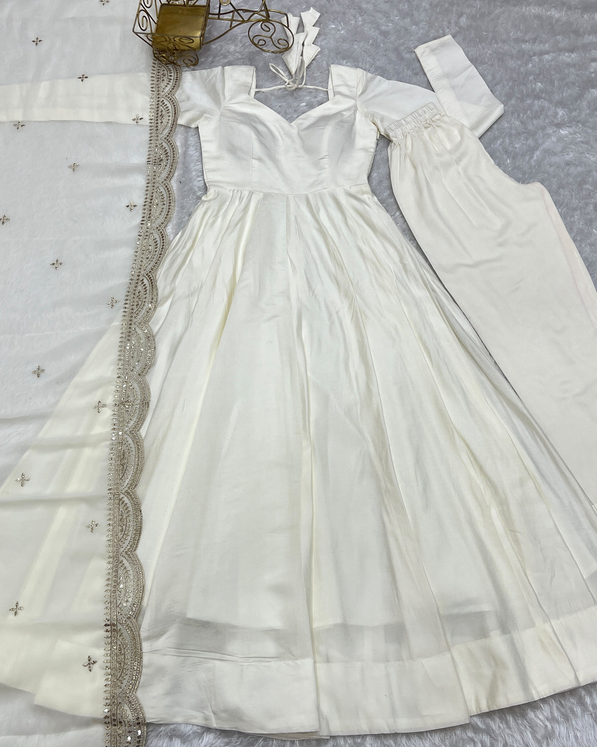 Off-White Roman Silk Anarkali Gown Pant and Dupatta