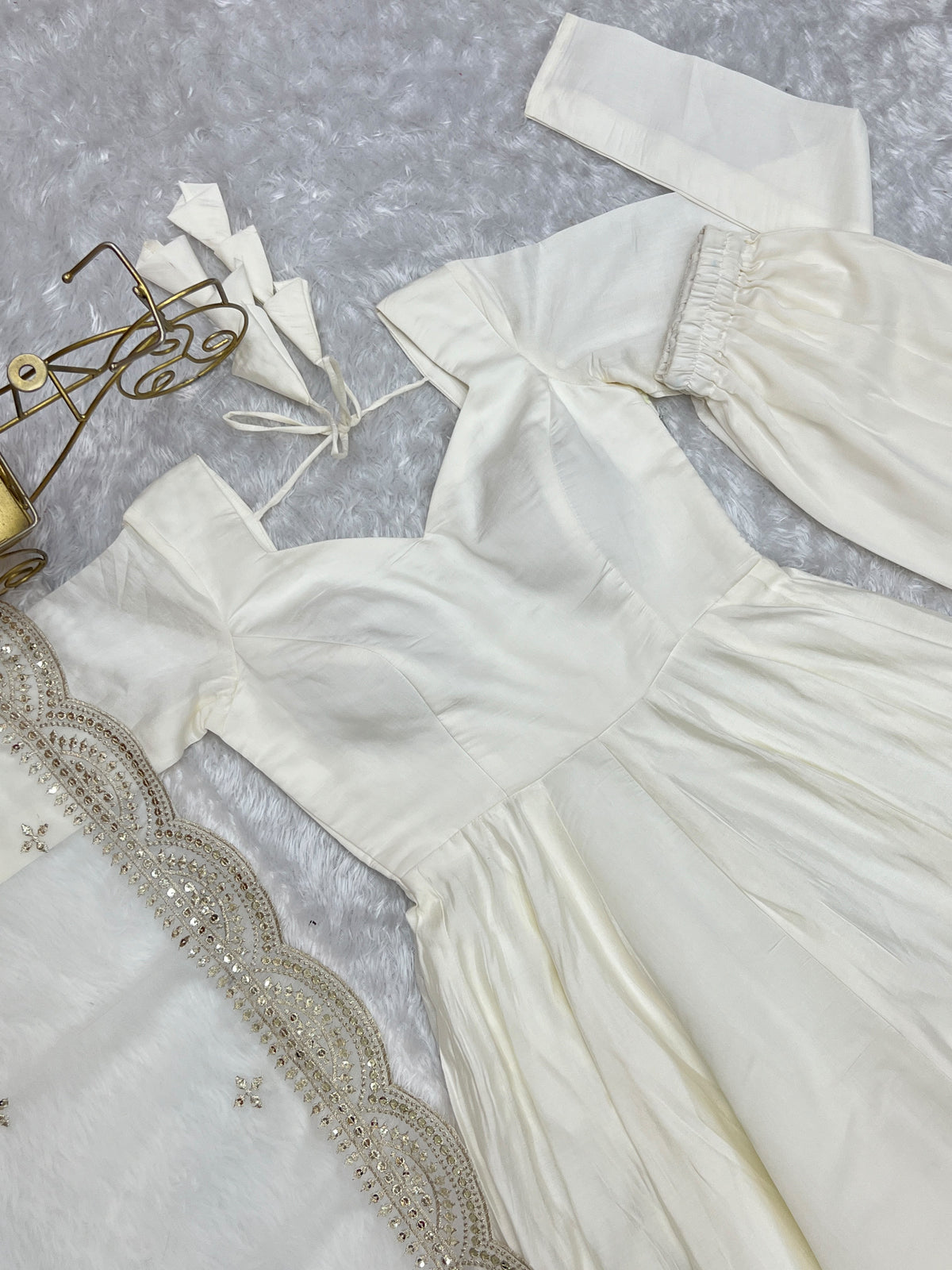 Off-White Roman Silk Anarkali Gown Pant and Dupatta
