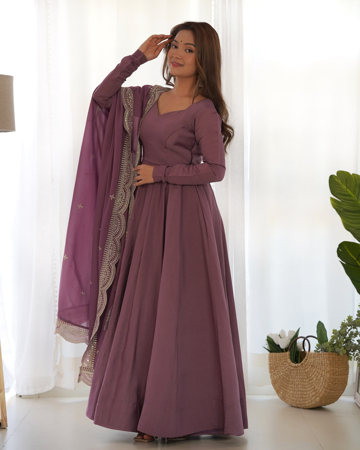 Onion Pink Roman Silk Anarkali Gown Pant and Dupatta