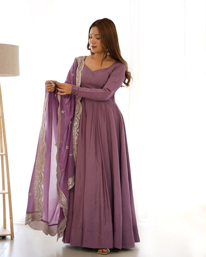 Onion Pink Roman Silk Anarkali Gown Pant and Dupatta