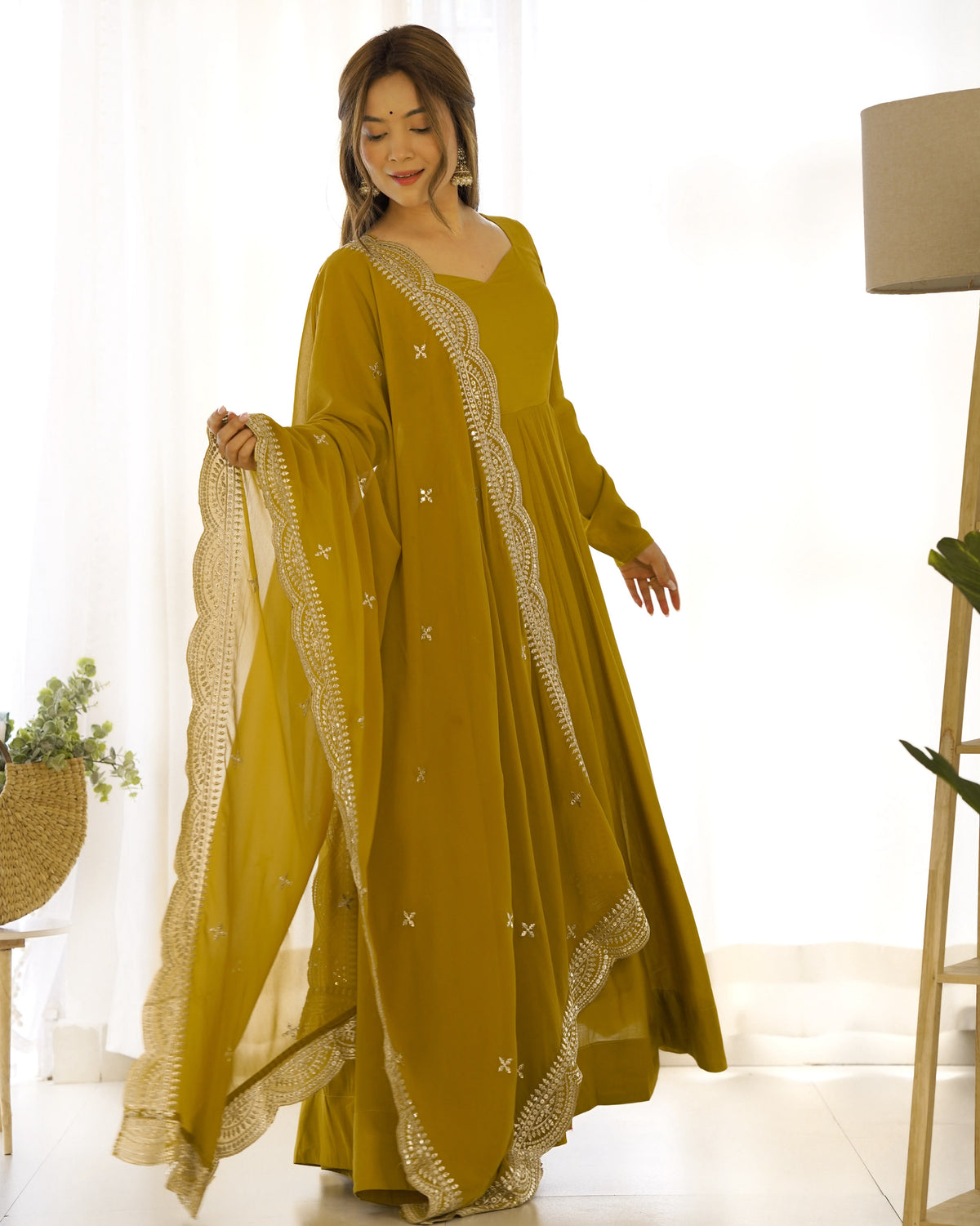 Mustard Yellow Roman Silk Anarkali Gown Pant and Dupatta