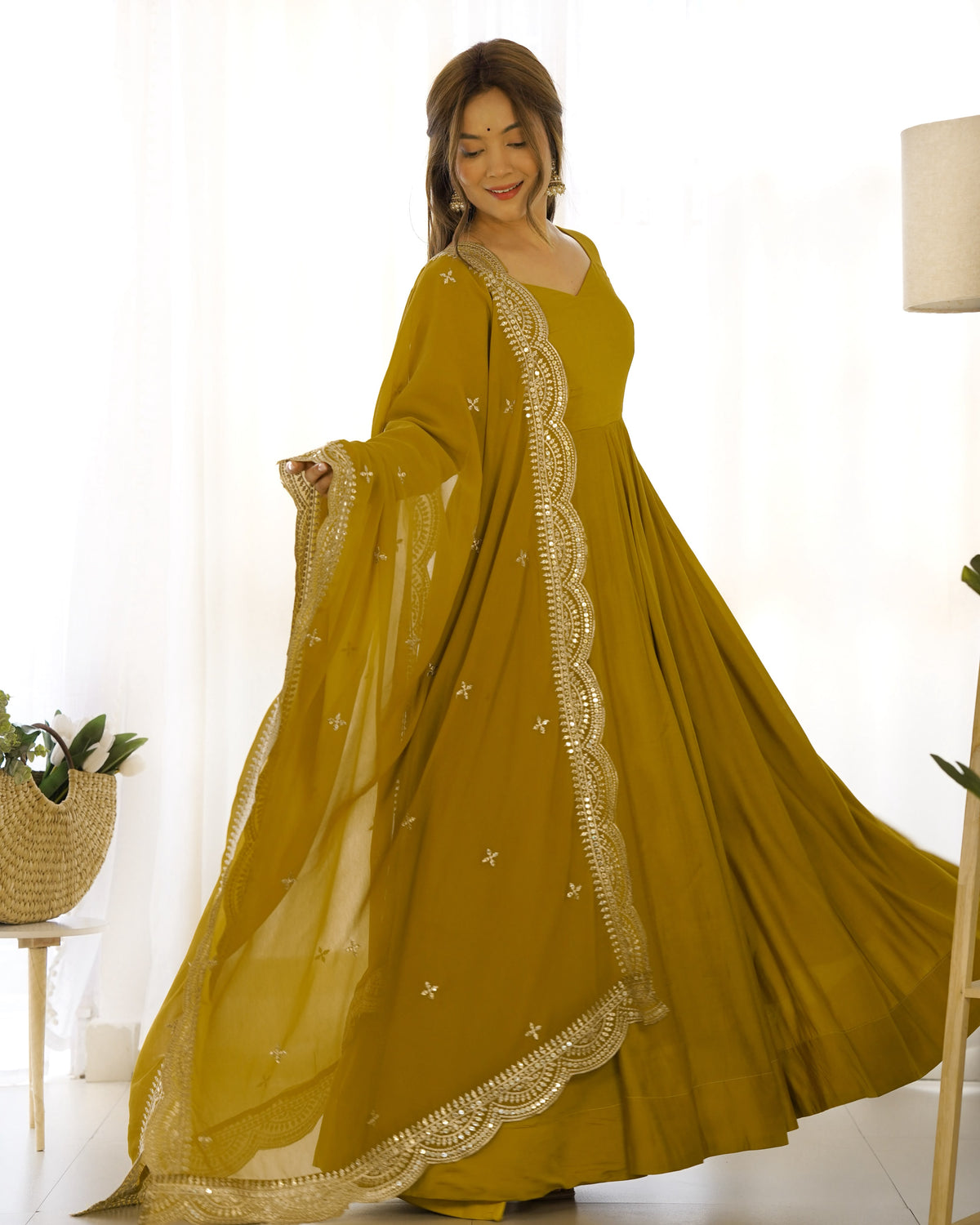 Mustard Yellow Roman Silk Anarkali Gown Pant and Dupatta