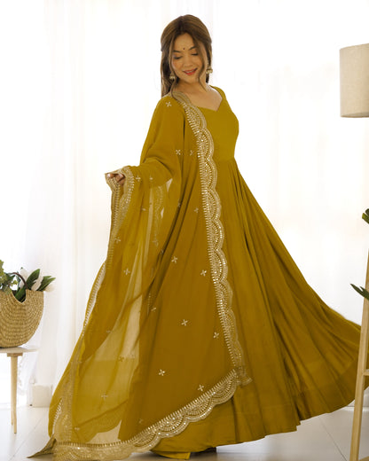 Mustard Yellow Roman Silk Anarkali Gown Pant and Dupatta