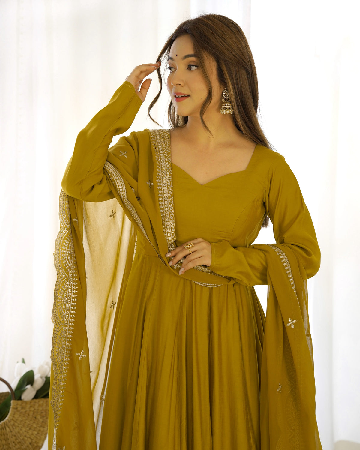 Mustard Yellow Roman Silk Anarkali Gown Pant and Dupatta
