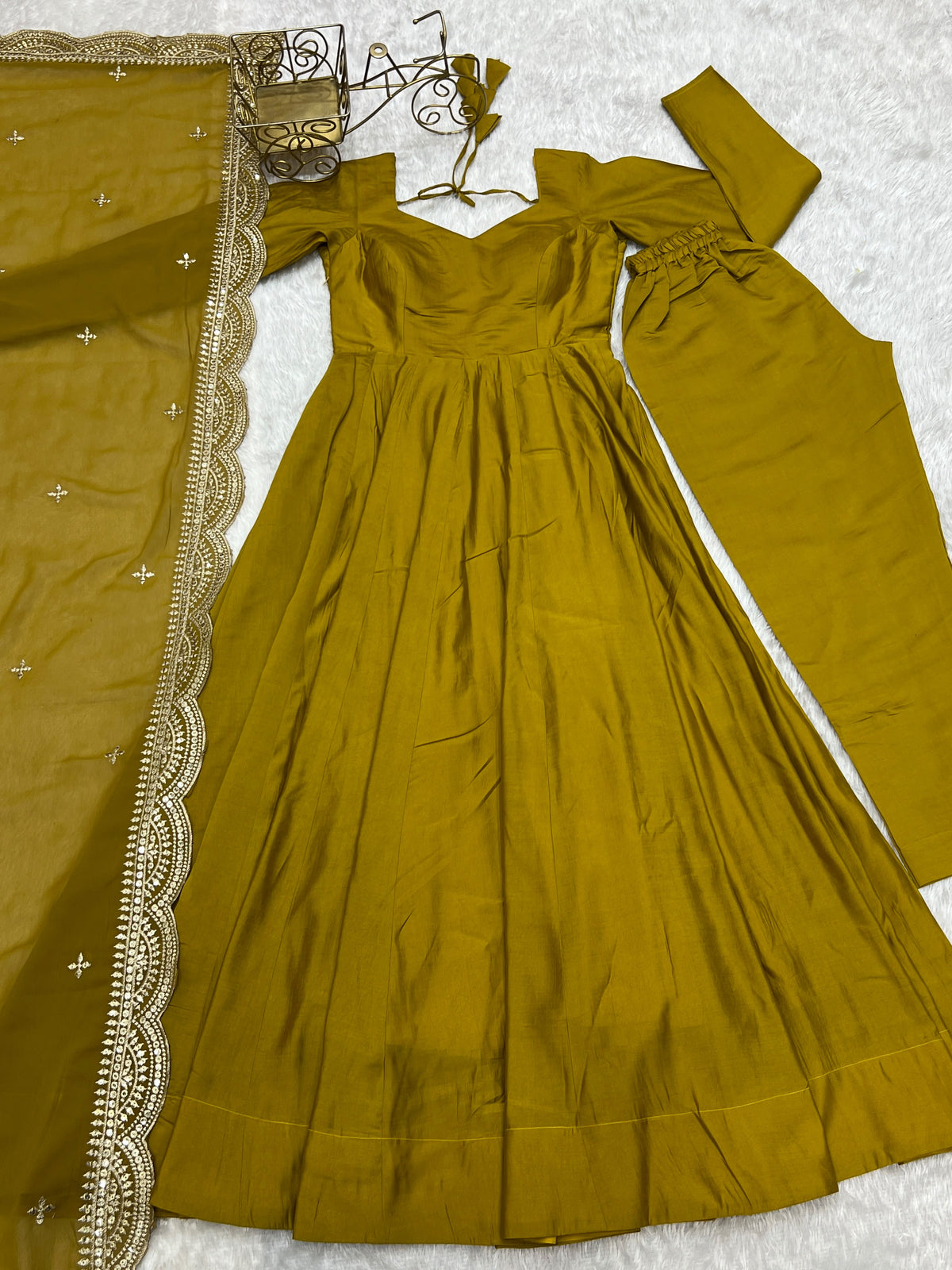 Mustard Yellow Roman Silk Anarkali Gown Pant and Dupatta
