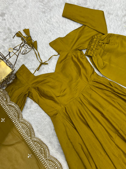 Mustard Yellow Roman Silk Anarkali Gown Pant and Dupatta