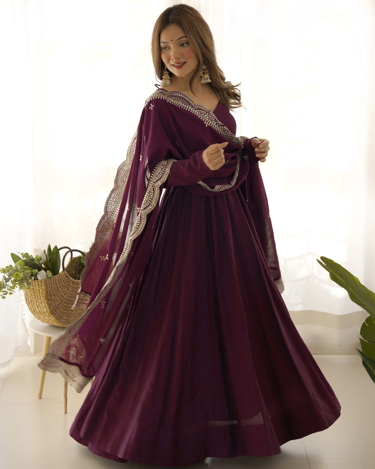 Wine Roman Silk Anarkali Gown Pant and Dupatta