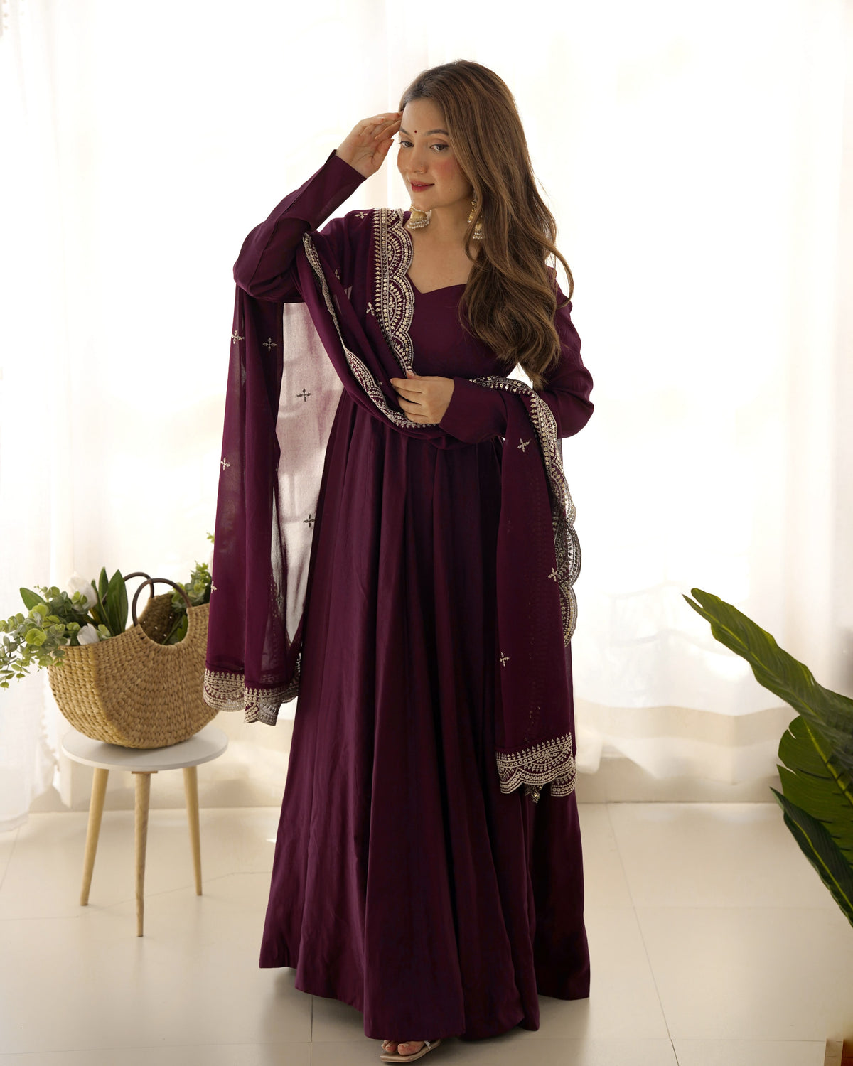 Wine Roman Silk Anarkali Gown Pant and Dupatta