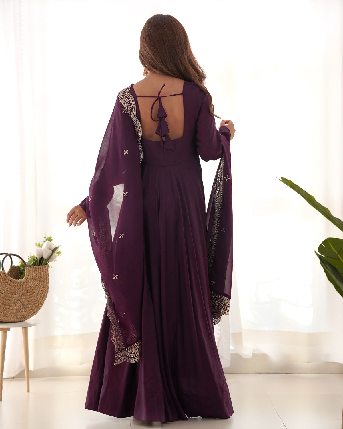 Wine Roman Silk Anarkali Gown Pant and Dupatta