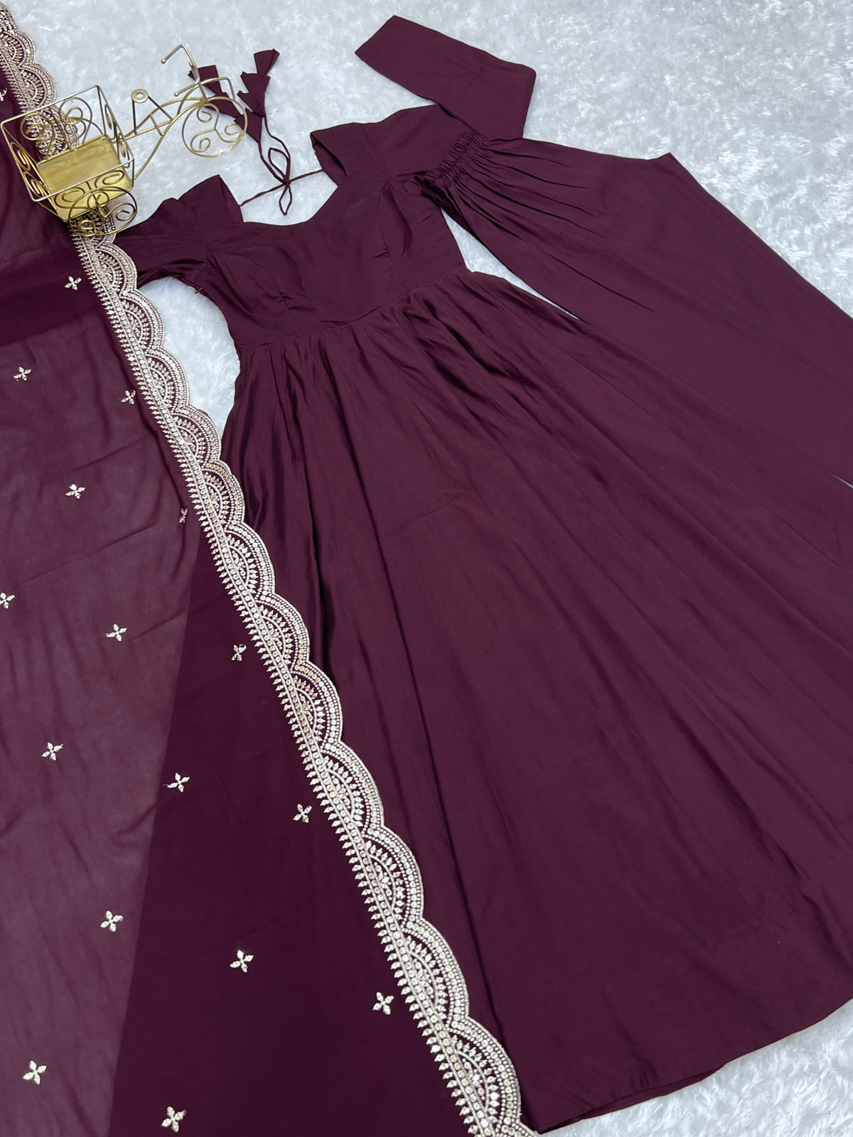 Wine Roman Silk Anarkali Gown Pant and Dupatta