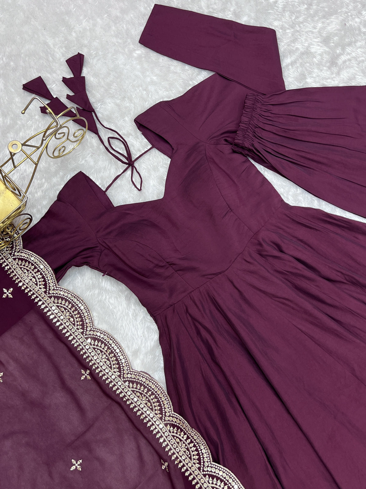 Wine Roman Silk Anarkali Gown Pant and Dupatta