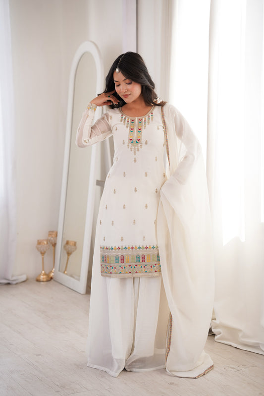 White color Crunchy Silk Designer Party wear Kurti Sharara with Dupatta
