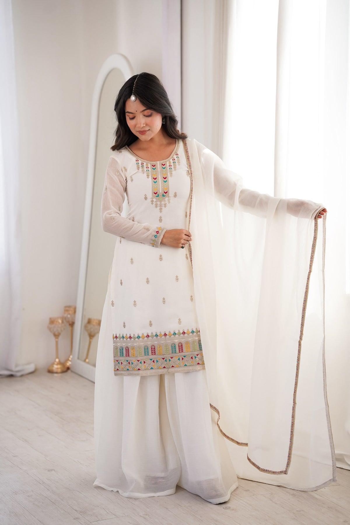 White color Crunchy Silk Designer Party wear Kurti Sharara with Dupatta