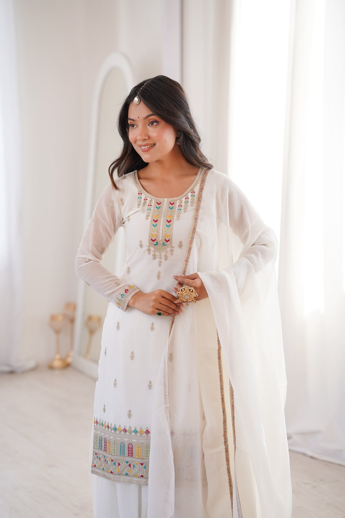 White color Crunchy Silk Designer Party wear Kurti Sharara with Dupatta