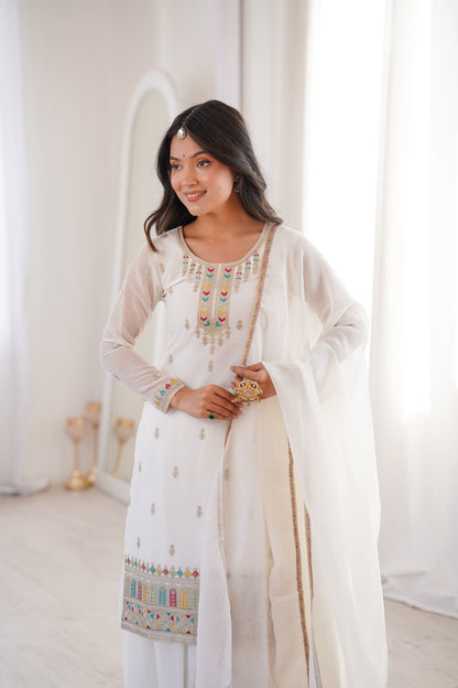White color Crunchy Silk Designer Party wear Kurti Sharara with Dupatta