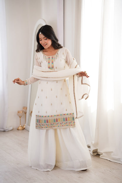 White color Crunchy Silk Designer Party wear Kurti Sharara with Dupatta
