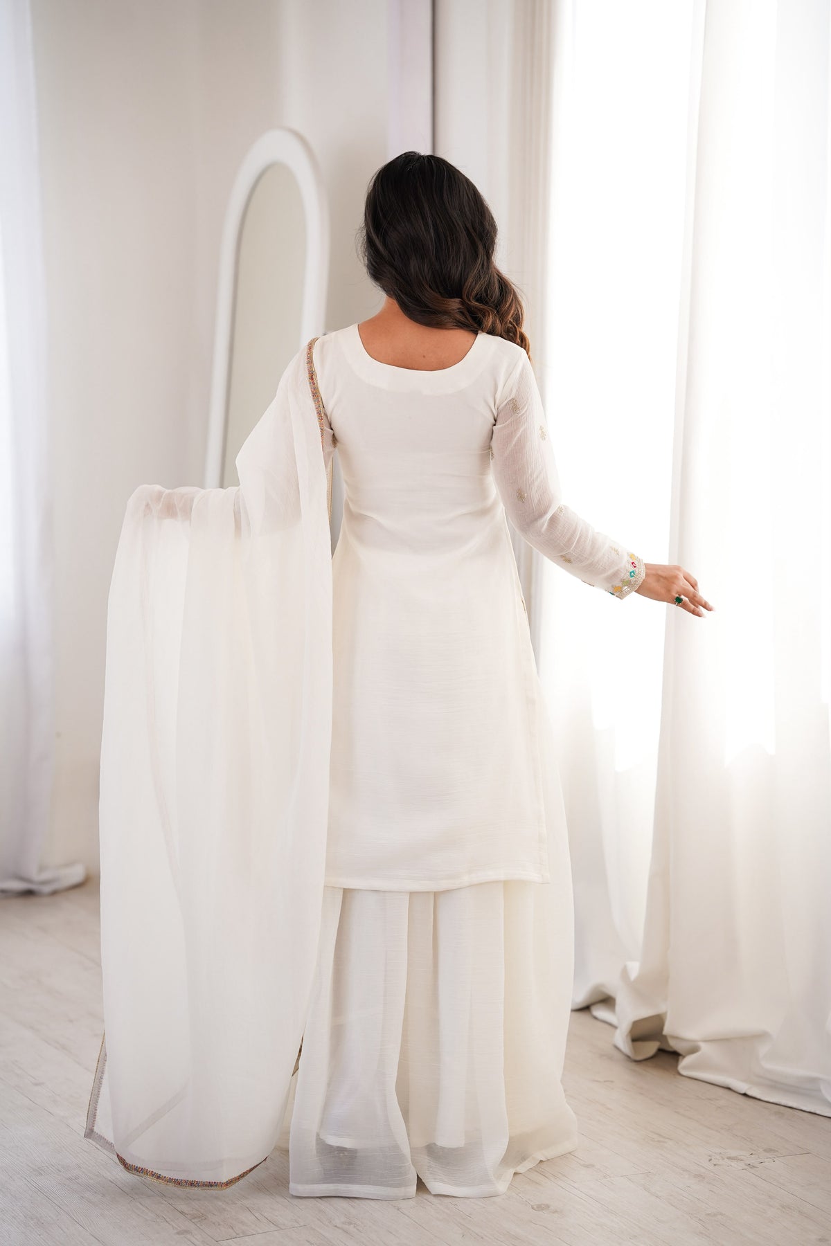 White color Crunchy Silk Designer Party wear Kurti Sharara with Dupatta