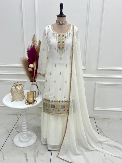 White color Crunchy Silk Designer Party wear Kurti Sharara with Dupatta