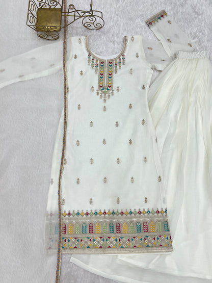 White color Crunchy Silk Designer Party wear Kurti Sharara with Dupatta