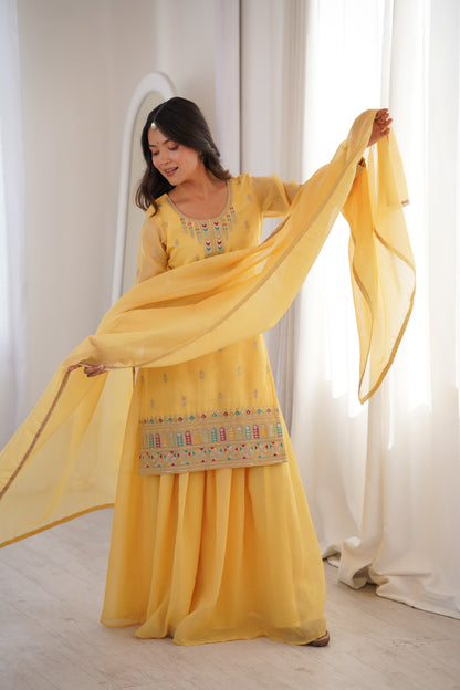 Yellow color Crunchy Silk Designer Party wear Kurti Sharara with Dupatta