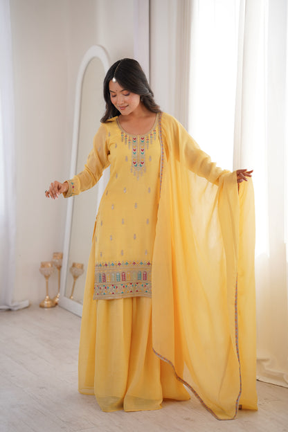 Yellow color Crunchy Silk Designer Party wear Kurti Sharara with Dupatta