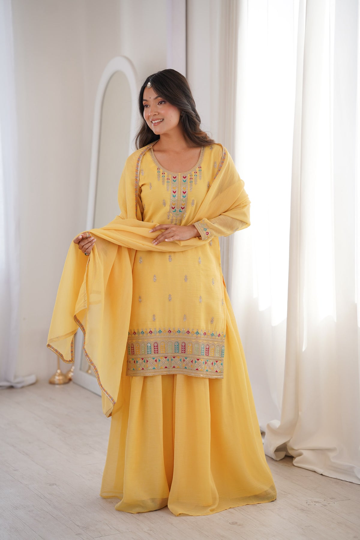 Yellow color Crunchy Silk Designer Party wear Kurti Sharara with Dupatta