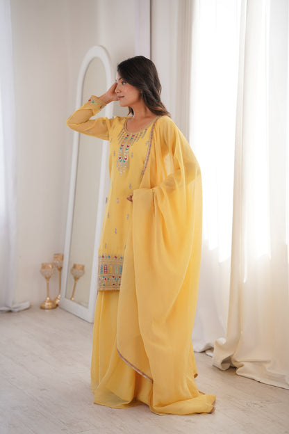 Yellow color Crunchy Silk Designer Party wear Kurti Sharara with Dupatta