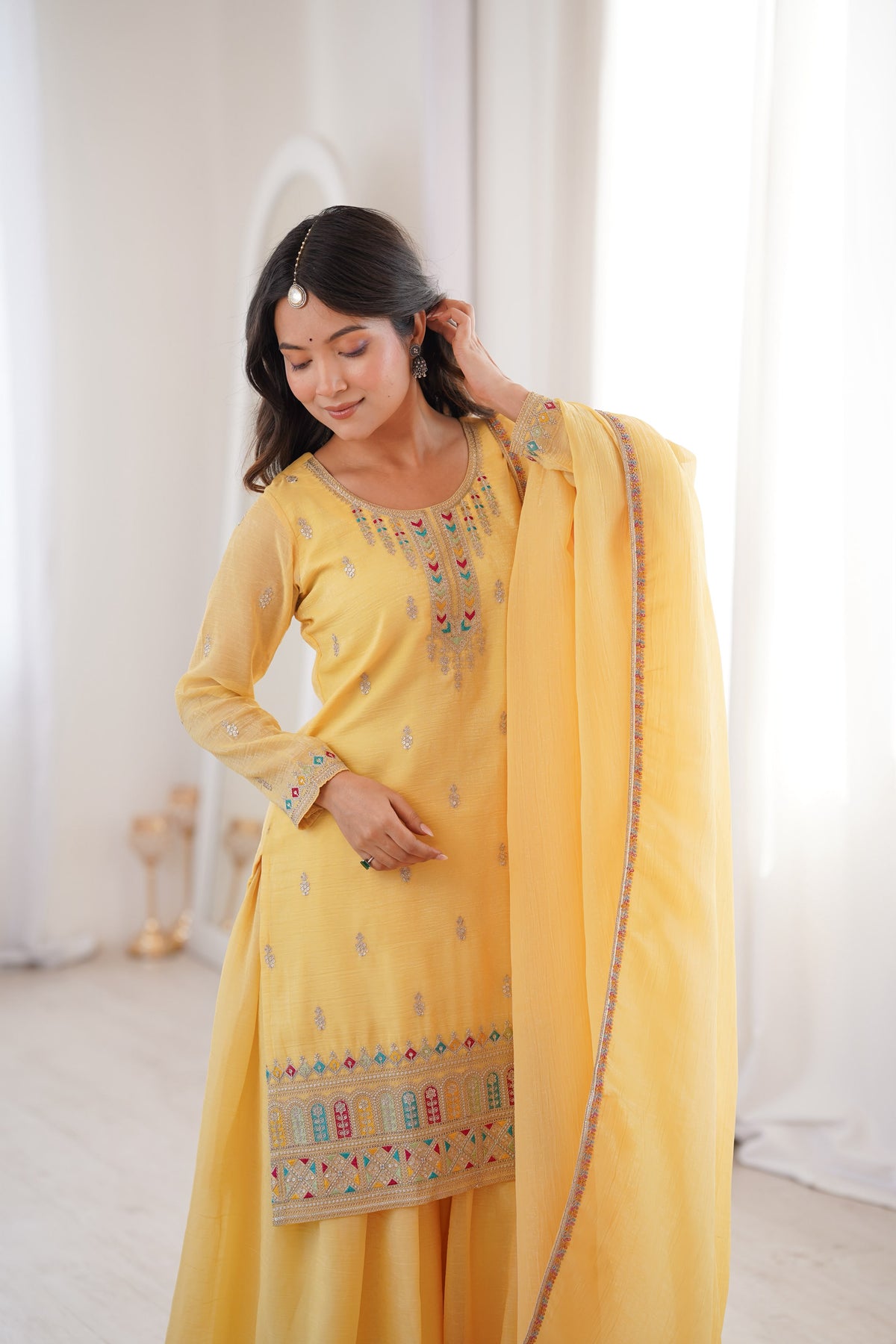 Yellow color Crunchy Silk Designer Party wear Kurti Sharara with Dupatta