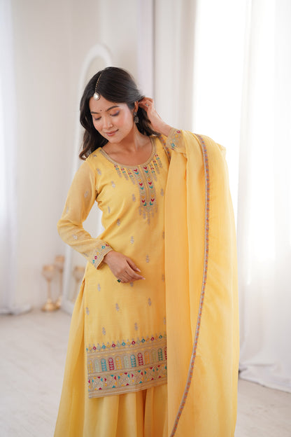Yellow color Crunchy Silk Designer Party wear Kurti Sharara with Dupatta