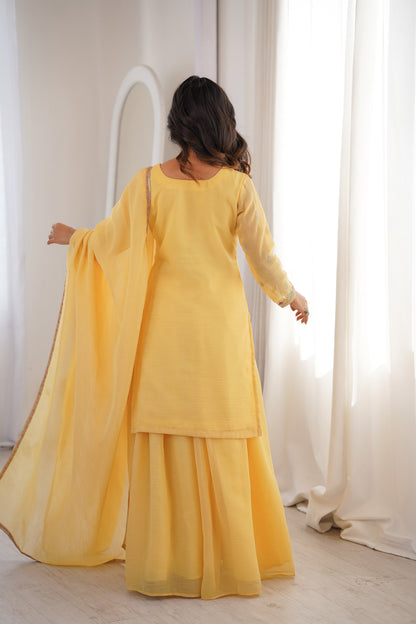 Yellow color Crunchy Silk Designer Party wear Kurti Sharara with Dupatta