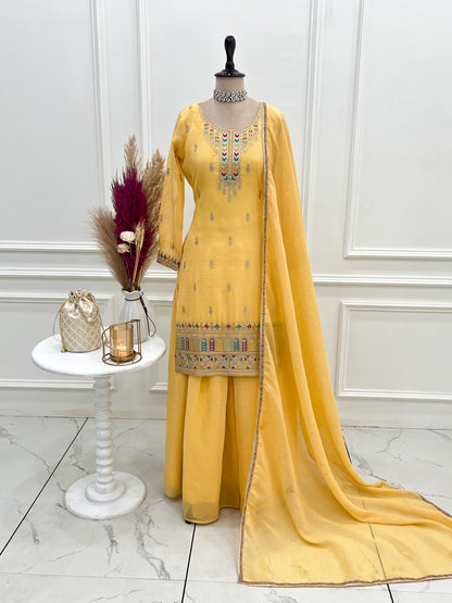 Yellow color Crunchy Silk Designer Party wear Kurti Sharara with Dupatta
