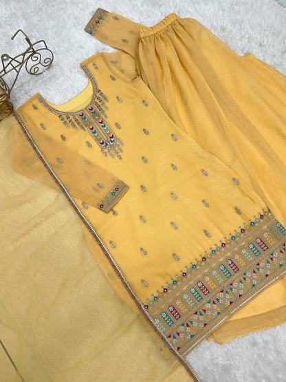 Yellow color Crunchy Silk Designer Party wear Kurti Sharara with Dupatta