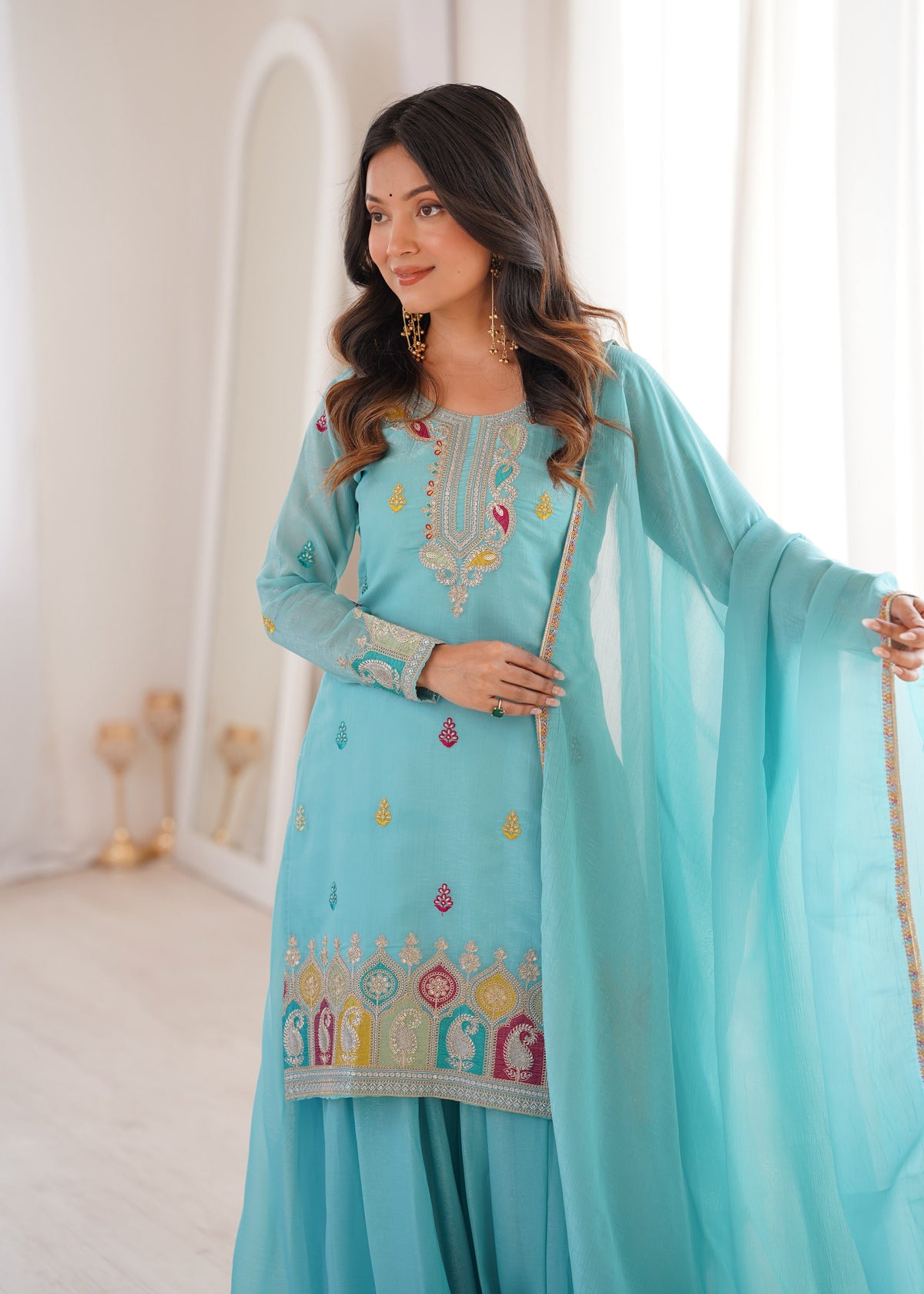 Sky Blue color Crunchy Silk Designer Party wear Kurti Sharara with Dupatta