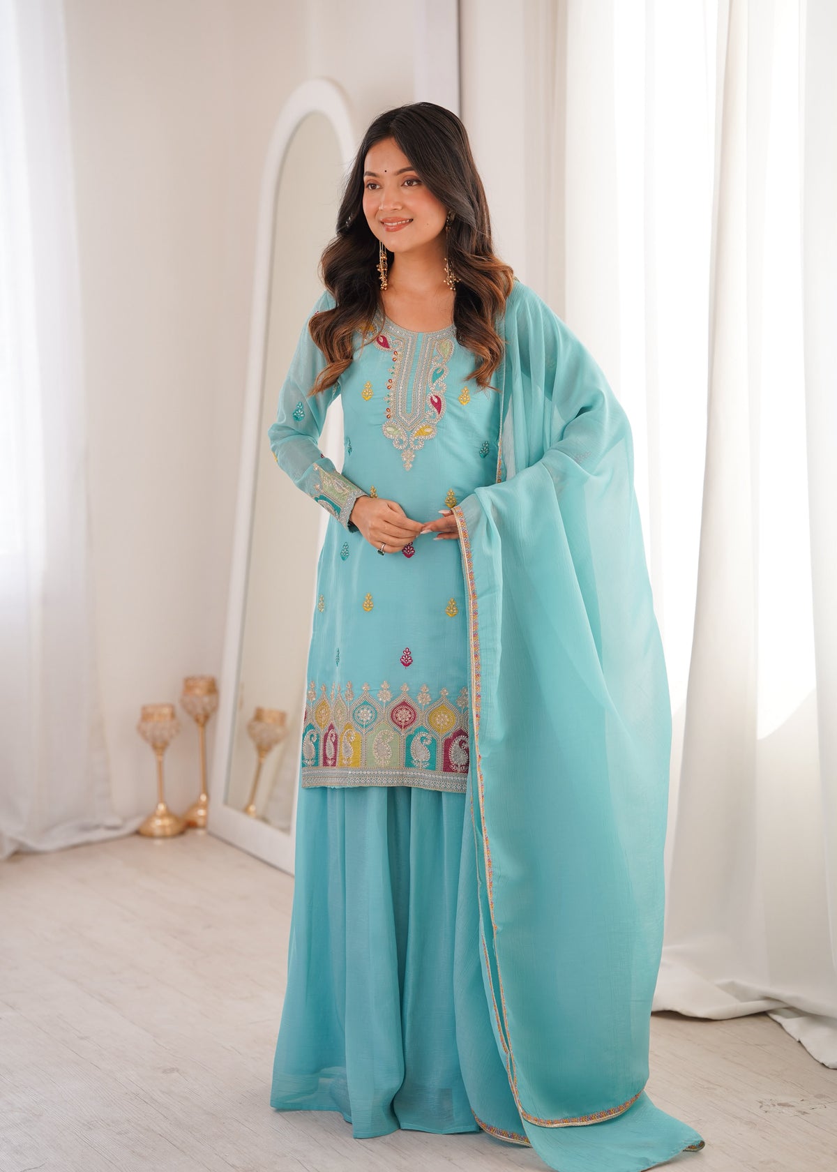 Sky Blue color Crunchy Silk Designer Party wear Kurti Sharara with Dupatta