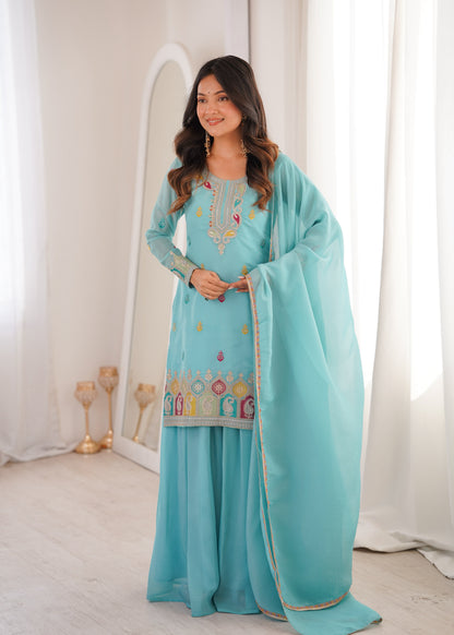Sky Blue color Crunchy Silk Designer Party wear Kurti Sharara with Dupatta