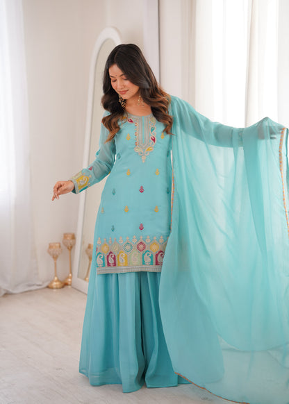 Sky Blue color Crunchy Silk Designer Party wear Kurti Sharara with Dupatta