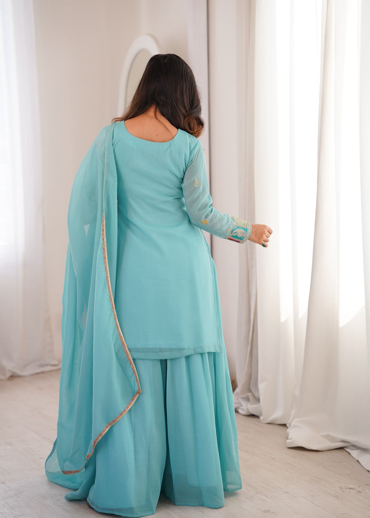 Sky Blue color Crunchy Silk Designer Party wear Kurti Sharara with Dupatta