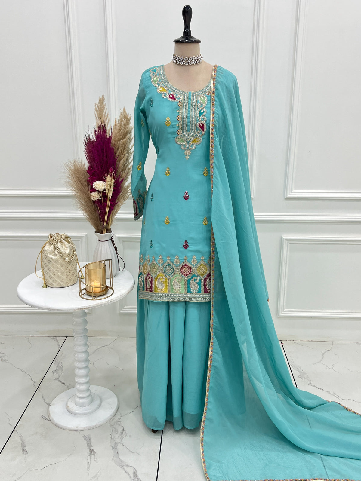 Sky Blue color Crunchy Silk Designer Party wear Kurti Sharara with Dupatta