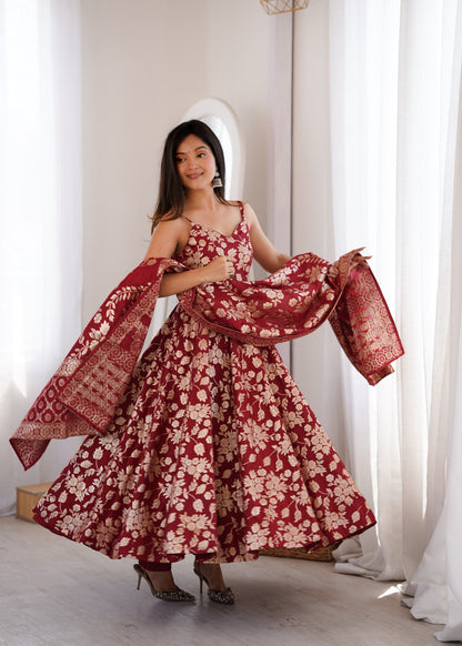 Maroon Colour Banarasi Silk Designer Anarkali Gown Pant and Dupatta