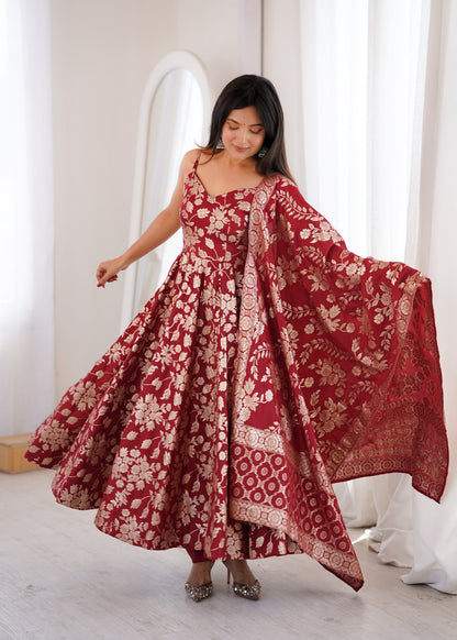 Maroon Colour Banarasi Silk Designer Anarkali Gown Pant and Dupatta