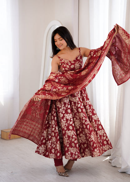 Maroon Colour Banarasi Silk Designer Anarkali Gown Pant and Dupatta