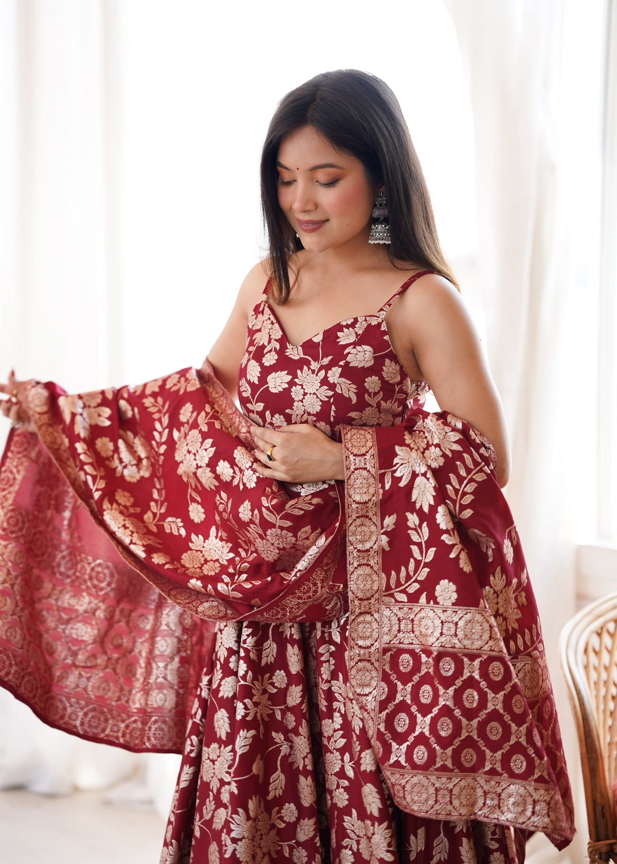 Maroon Colour Banarasi Silk Designer Anarkali Gown Pant and Dupatta