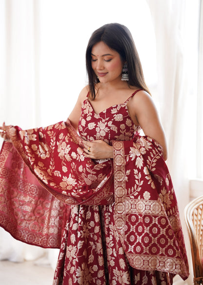 Maroon Colour Banarasi Silk Designer Anarkali Gown Pant and Dupatta