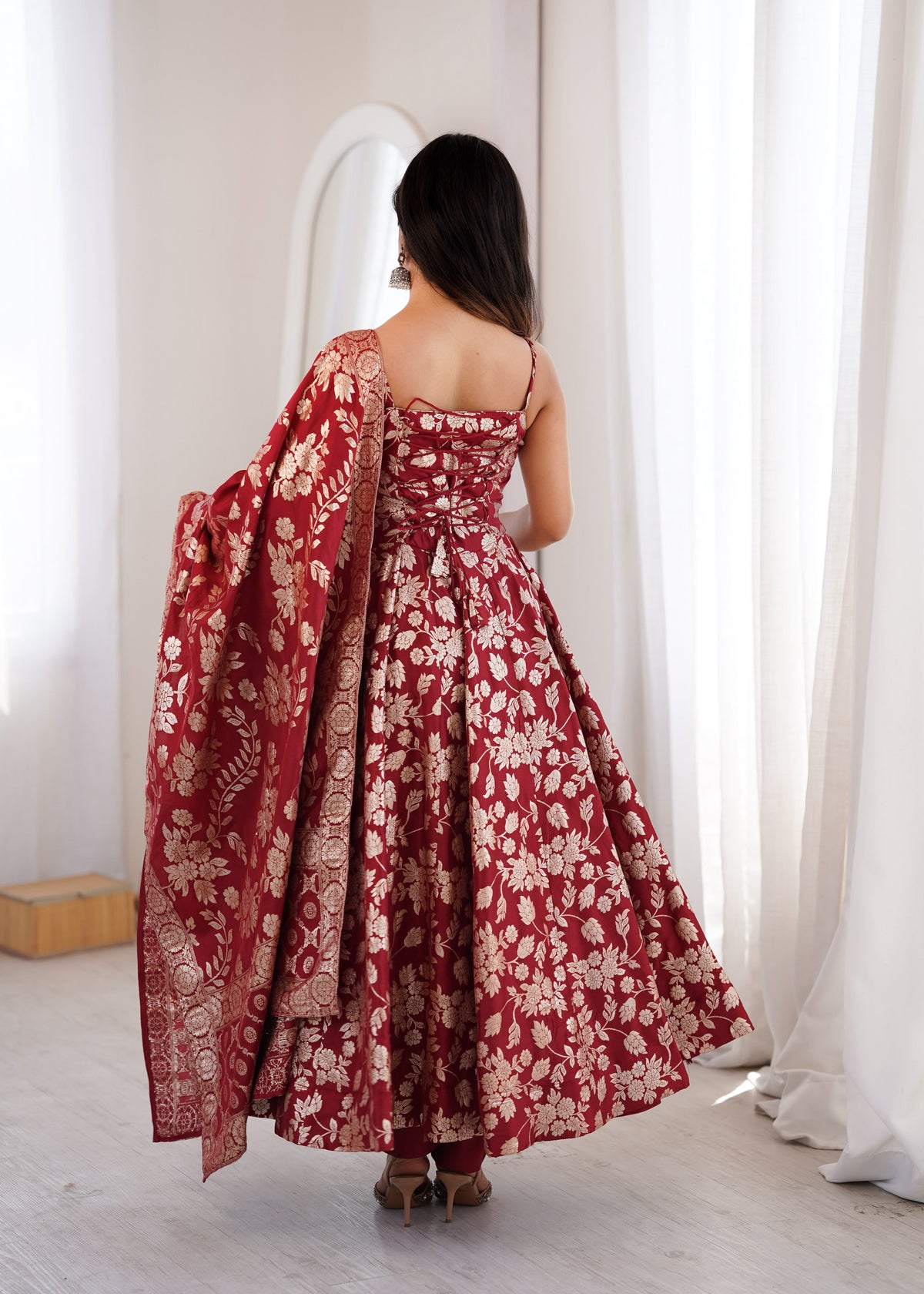 Maroon Colour Banarasi Silk Designer Anarkali Gown Pant and Dupatta