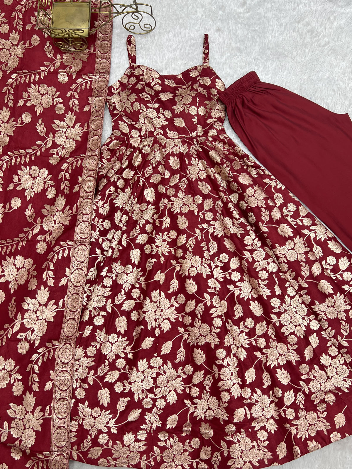 Maroon Colour Banarasi Silk Designer Anarkali Gown Pant and Dupatta