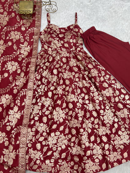 Maroon Colour Banarasi Silk Designer Anarkali Gown Pant and Dupatta